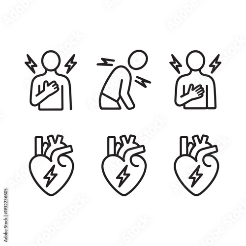 Line art illustrations depicting heart attack symptoms and anatomical heart details