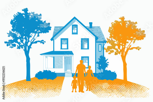 A family walks toward a charming two story house with vibrant foliage