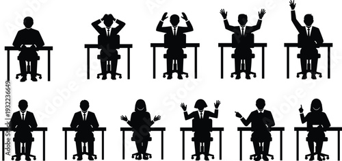 Business office silhouette vector illustration set, professionals seated at desks in various poses and emotions, workplace communication graphic, psychology concept, educational design resource