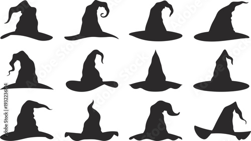 Halloween witch hat silhouette set, spooky magic wizard costume collection, fantasy horror accessory vector illustration, holiday decoration design elements