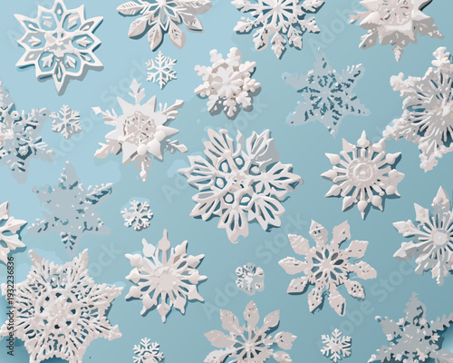 An assortment of paper snowflakes on a pale blue background