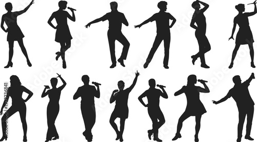 Singer performer silhouette collection, microphone singing artists vector illustration, music concert performance poses, vocalists stage entertainment isolated set
