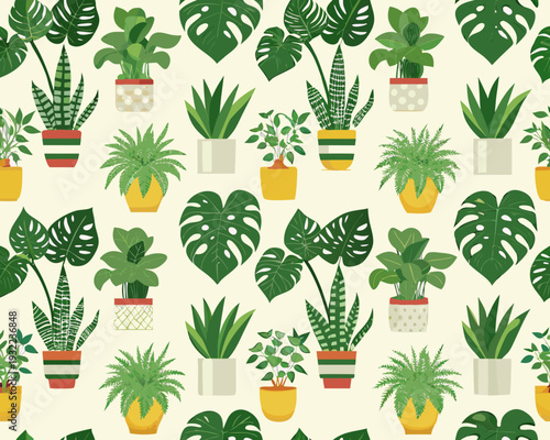 Tropical foliage pattern featuring various potted houseplants on a beige background