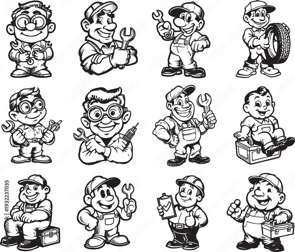 Fototapeta premium Vintage Cartoon Mechanic Mascot Characters Black and White Set