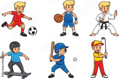 Cartoon boys playing soccer, basketball, karate, skateboarding, baseball, and golf – kids sports activity vector set for education design