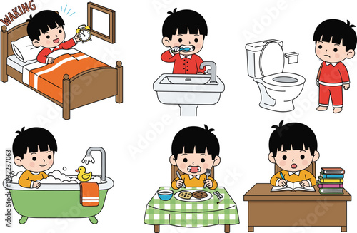Cartoon child daily routine vector set – waking, brushing, bathing, eating, studying, toilet use for educational and hygiene design