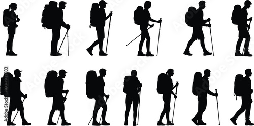 Hiking backpacker silhouette set, mountain trekking travelers walking with sticks vector illustration, outdoor adventure explorer isolated activity collection