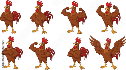 Cartoon muscular rooster character set – expressive chicken poses with human-like arms for mascot, animation, humor, and vector design