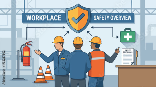 Workplace Safety Overview with Three Workers and Safety Equipment.
