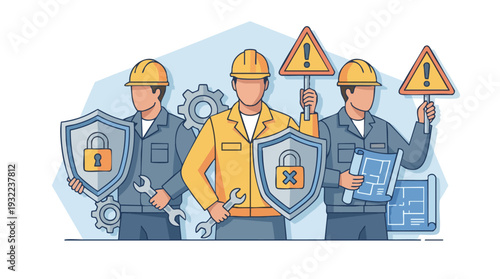 Construction workers with safety shields and warning signs.