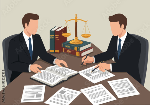 Two lawyers discussing legal documents at a table.