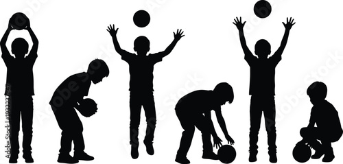 Children, playing, ball, silhouette, vector, active, childhood, jumping, throwing, catching, sports, youth, fun, exercise, healthy