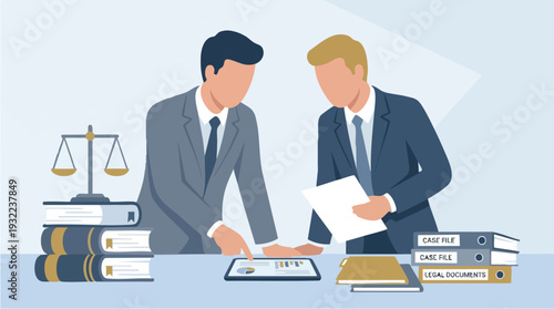 Two businessmen reviewing documents at a desk with legal scales.