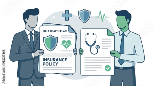 Two men holding insurance policy documents for health plan.