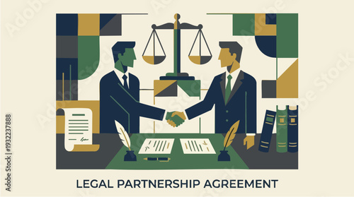 Two businessmen shaking hands in agreement over legal partnership.