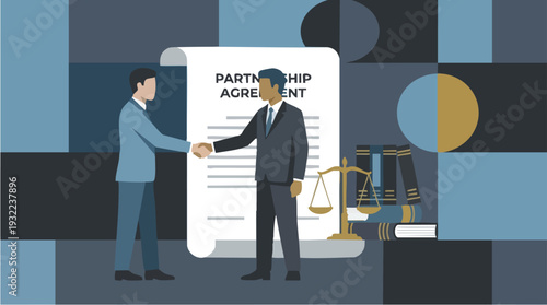 Two businessmen shaking hands in front of a partnership agreement document.