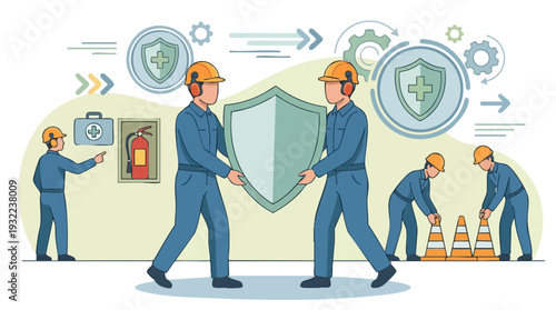 Construction workers carrying a large shield symbolizing safety.