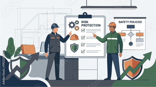 Two construction workers discussing risk protection and safety policies.