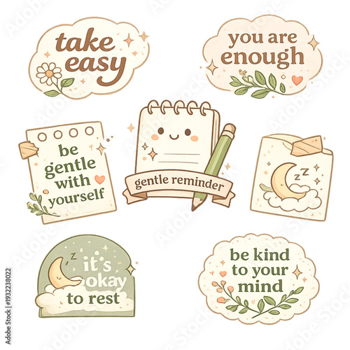 pastel gentle reminder, reminder stickers, pastel stickers collection, gentle reminder stickers, cute reminder stickers, kawaii stickers, pastel aesthetic, soft color palette, positive reminders, self