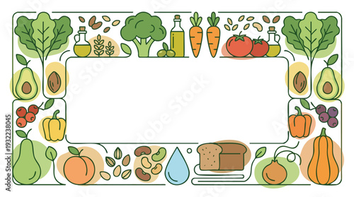 Healthy Food Frame with Assorted Fruits Vegetables and Grains.