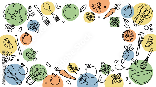 Healthy Food Ingredients Border Design with Fresh Vegetables and Fruits.