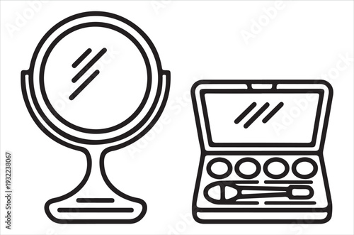 Cosmetic mirror and makeup palette black line art illustration