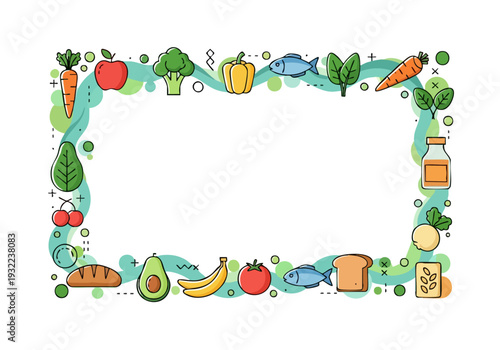 Healthy Food Border with Assorted Ingredients and Produce.