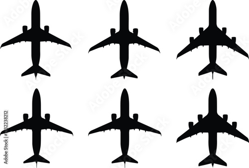 Six black airplane silhouettes, viewed from a top-down perspective, uniformly arranged on a clean white background, symbolizing global travel, aviation, and modern transport.