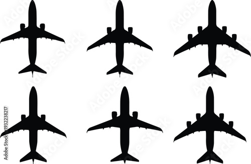 Six black airplane silhouettes, viewed from a top-down perspective, uniformly arranged on a clean white background, symbolizing global travel, aviation, and modern transport.