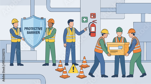 Construction workers collaborating on safety and protection measures.