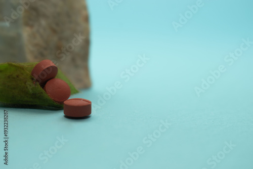 Soft healthcare composition combining tablets with floral bud suggesting healing, growth and wellness. Ideal for medical branding and advertising visuals.