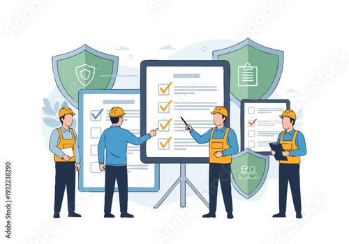 Team of workers reviewing checklist on large screen.