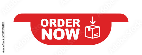 Red order now sticker with package icon indicating online purchasing