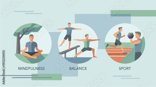 Men practicing mindfulness balance and sport activities.