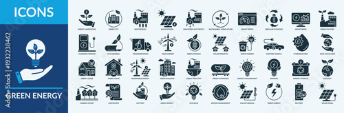 Green Energy icon set vector illustration. Containing icon of solar power, geothermal, green hydrogen and more. Glyph solid icon symbol collection
