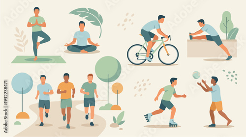 Diverse Group of Men Engaged in Various Healthy Lifestyle Activities.