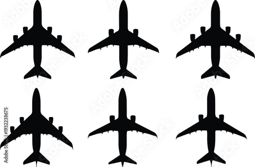 An array of six uniform black airplane silhouettes, captured from an aerial view, displayed against a stark white backdrop, conveying themes of worldwide journeys and efficient aerial logistics.