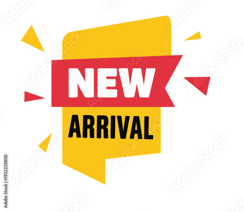 Bright yellow and red banner announces a new product arrival