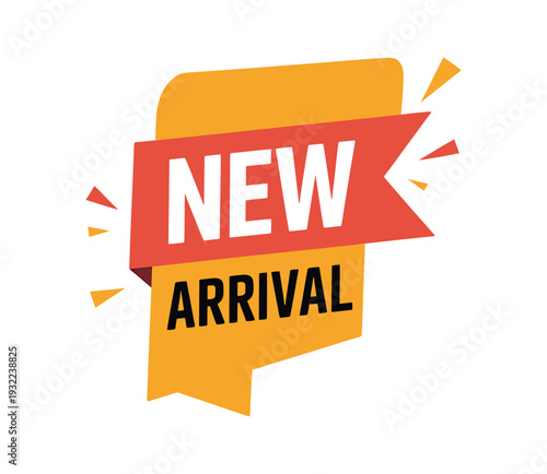 Bright yellow and red banner announces a new product arrival