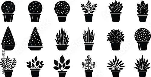 Plant, flowerpot, silhouette, vector, garden, greenery, shrub, leaf, nature, decoration, topiary, houseplant, icon, foliage, botanical
