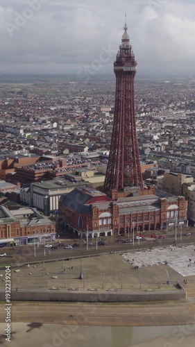 Vertical establishing aerial view of Blackpool, seaside town in Lancashire, England, United Kingdom.