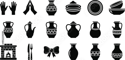 Pottery, vase, ceramic, amphora, icon, vector, ethnic, kitchen, fireplace, bowl, clay, vessel, antique, decorative, silhouetteV