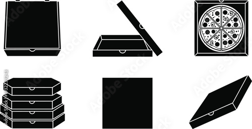 Pizza box packaging silhouette set with open and closed cardboard containers, stack and slice top view, minimalist black vector illustration isolated on light background