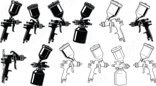 Professional spray gun vector collection featuring gravity feed and suction styles in black and white line art icons for automotive painting and industrial finishing.