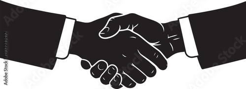 A powerful and symbolic black and white illustration of a firm handshake, representing agreement, partnership, success, and successful negotiation between individuals or businesses
