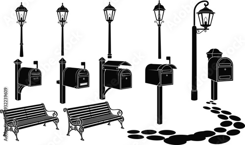 Streetlight, mailbox, bench, silhouette, vector, garden, park, outdoor, furniture, vintage, lamp, landscape, post, exterior, path