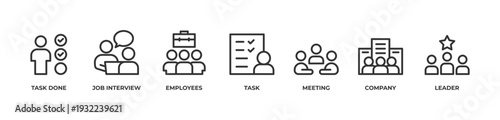 Workforce Management Icons set vector illustration outline with Task done , Job interview, Employees, Task, Meeting, Company, Leader