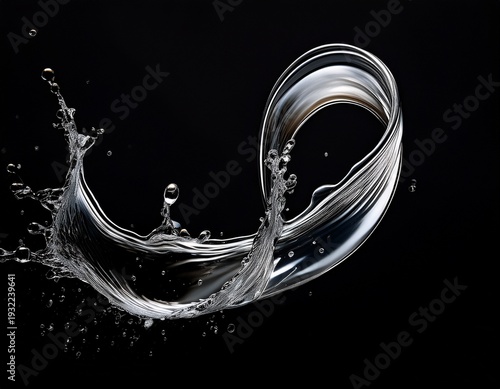 splash of water forming a loop shaped wave isolated against a black background the high speed contrast macro shot crystallizes the fluid and its droplets into an elegant silver colored sculpture