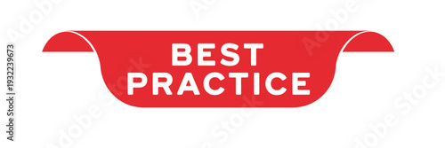 A red ribbon banner displaying the words best practice in white