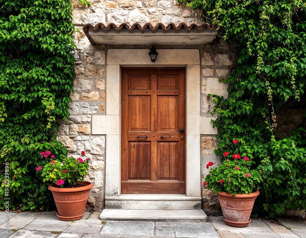 Fototapeta premium Wooden door framed by ivy and stonework, with flowerpots adding color